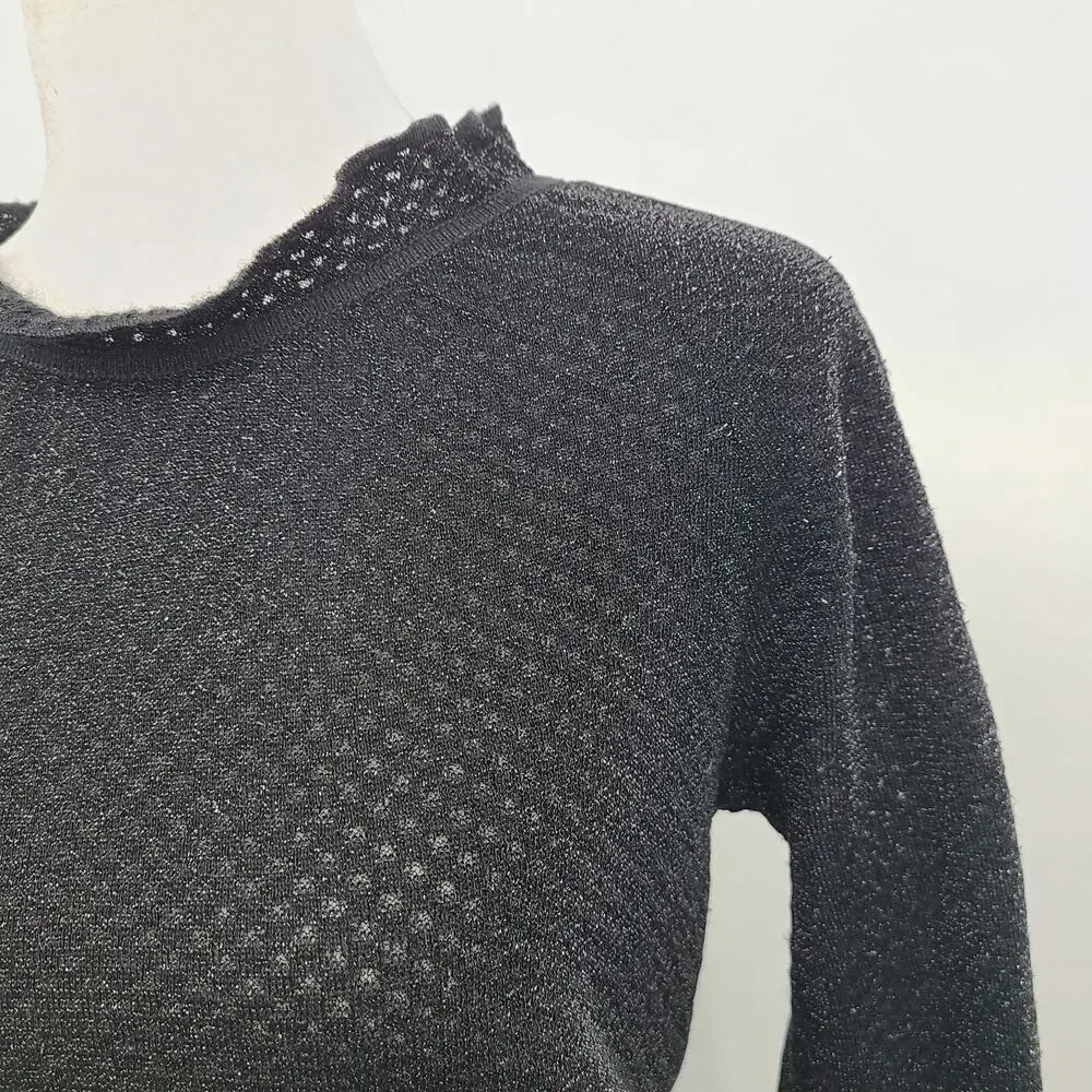 Tory Burch Black Isabelle Wool Knit Dress XS Sweater Semi Sheer Ruffle Neck‎